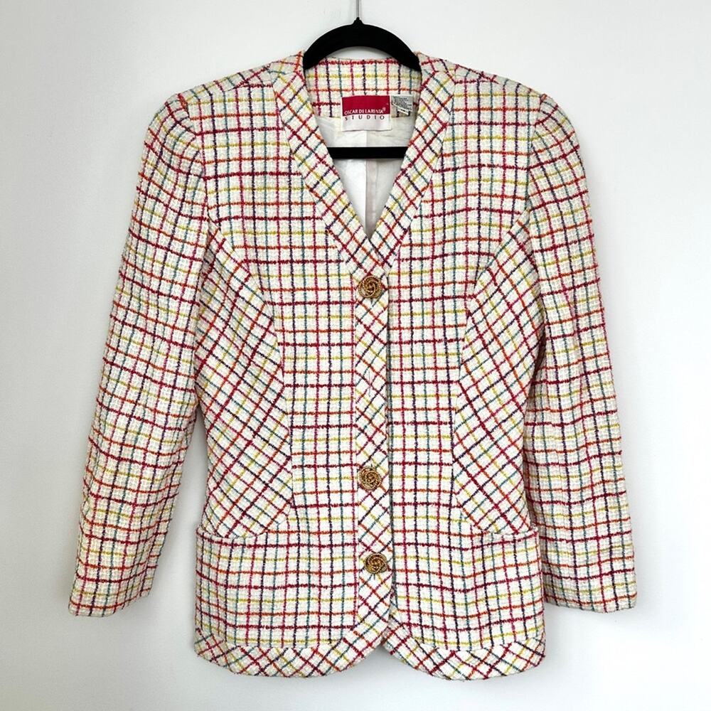 Vintage Oscar De La Renta Studio Plaid Blazer Button Front Jacket Wool Blend USA